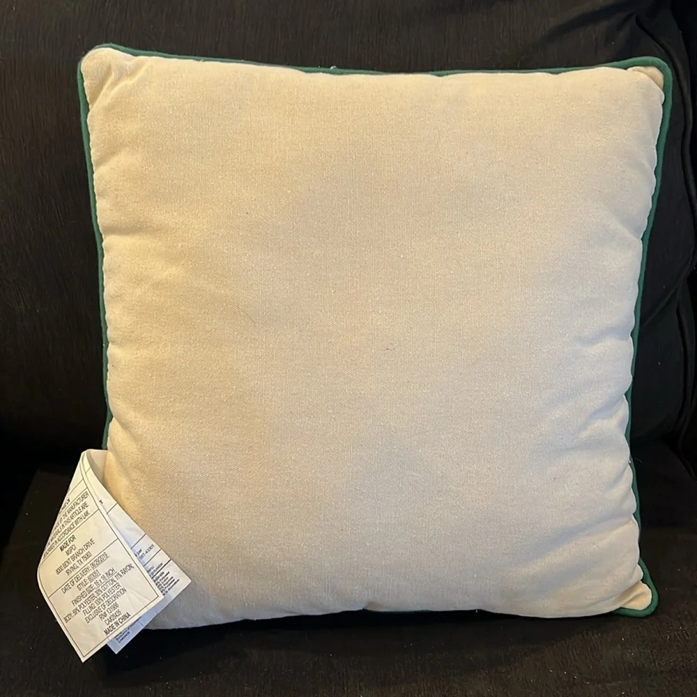 CHRISTMAS LINEN SQUARE PILLOW WITH GREEN EMBROIDERY AND DETAILS